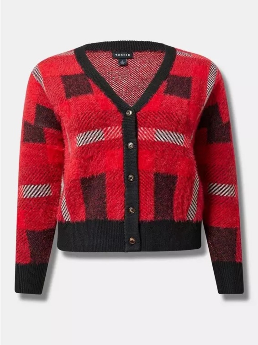 Torrid Luxe Cozy Eyelash Plaid Cardigan 2X Red Black Cropped Fuzzy Sweater